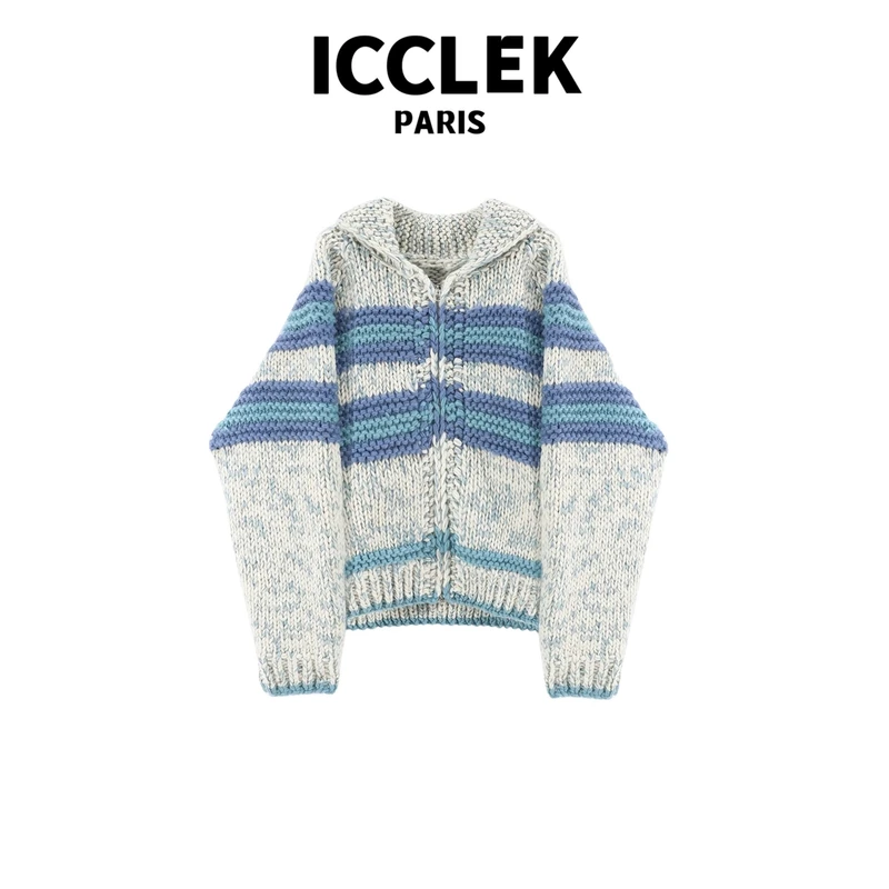 ICCLEK  白撞蓝套头连帽针织衫外套长袖灰色名媛气质显瘦  - 7006