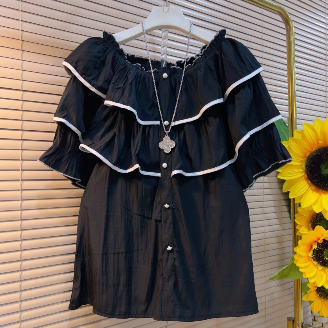 YD夏季新款时尚木耳边黑色短袖T恤上衣衬衫
