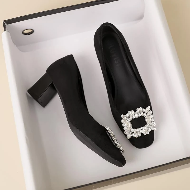 高跟鞋女粗跟法式中跟单鞋女年新款春季不累脚大码女鞋-