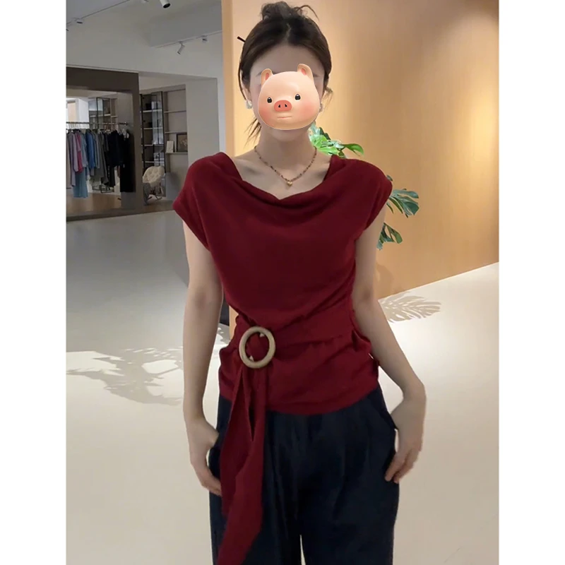 红色荡领一字肩冰丝针织短袖T恤女夏季2025新款修身法式小资上衣