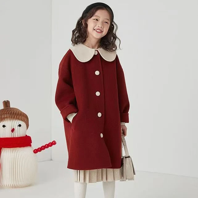 【断码清仓】娃娃领冬季纯色轻职风翻领呢大衣双面呢秋冬童装中大童