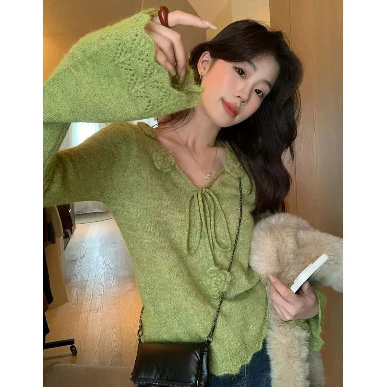 9384大码胖mm秋冬法式系带V领针织衫女装长袖毛衣遮肉显瘦上衣