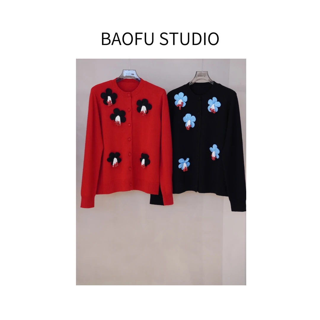 BAOFU studio | 立体花朵羊毛开衫毛针织衫节日氛围圆领长袖开衫