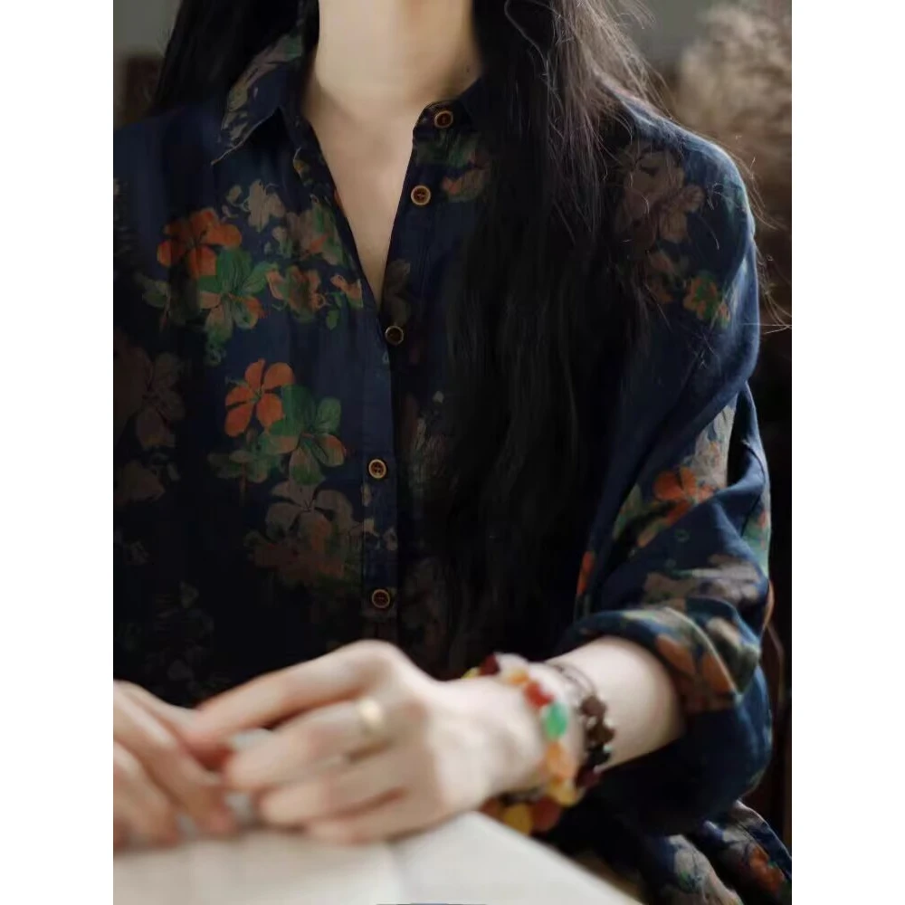 上身绝美！文艺风印花衬衫女2025秋季设计感宽松显瘦花色长袖上衣