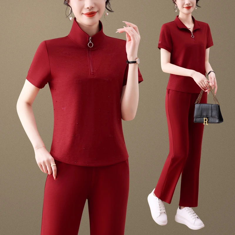 恩狐时尚立领短袖直筒裤两件套女夏季新款洋气减龄镶钻运动套装