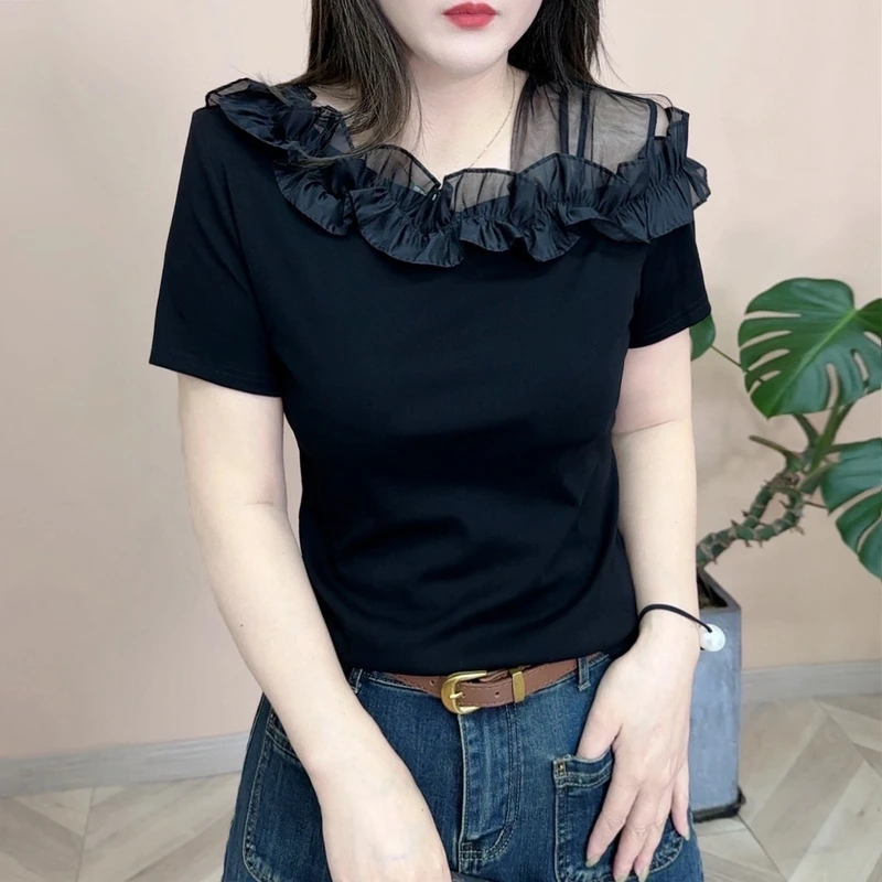 2025春夏款新品时尚百搭修身显瘦法式洋气设计感女士短袖上衣7911