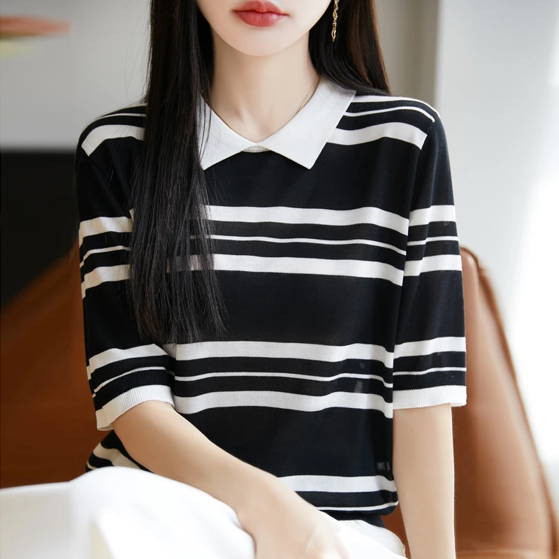 大码Polo领针织短袖T恤女宽松显瘦遮肉夏季薄款百搭条纹翻领上衣