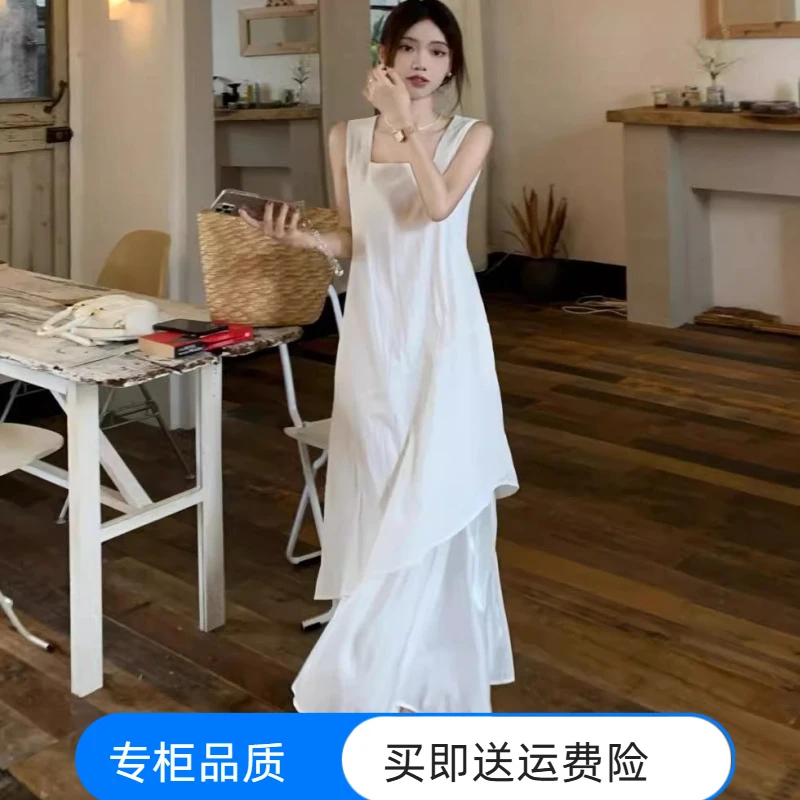 连衣裙白色欧根纱拼接背心女夏季韩系气质高级设计感宽松a字长裙