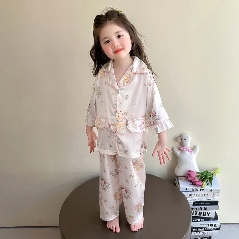 薄款儿童家居服夏季2025女童睡衣春夏新款冰丝绸宝宝女孩夏空调服