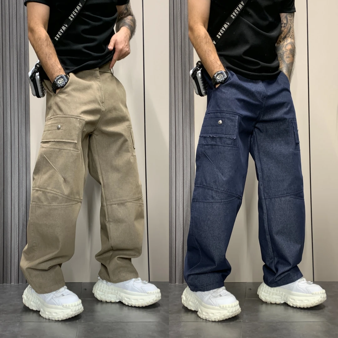 2025秋冬新款美式痞帅百搭直筒工装裤男士拼接设计宽松休闲弯刀裤