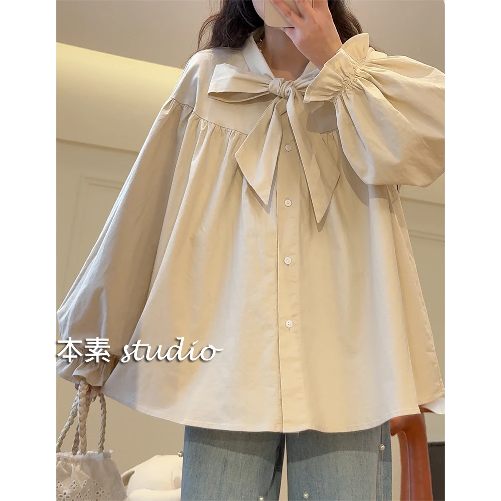 知性美人C3436纯色全开扣蝴蝶结系带衬衫