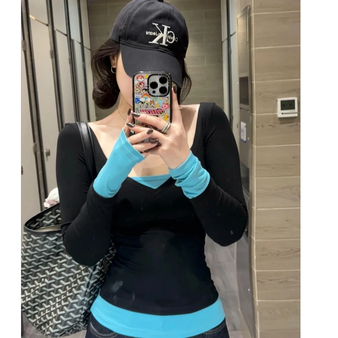 V领假两件撞色设计感长袖T恤春季修身显瘦百搭上衣女