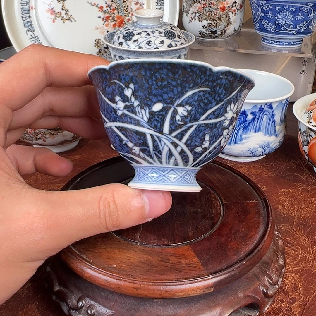瓷杯子元煦窑幽兰花葵口杯