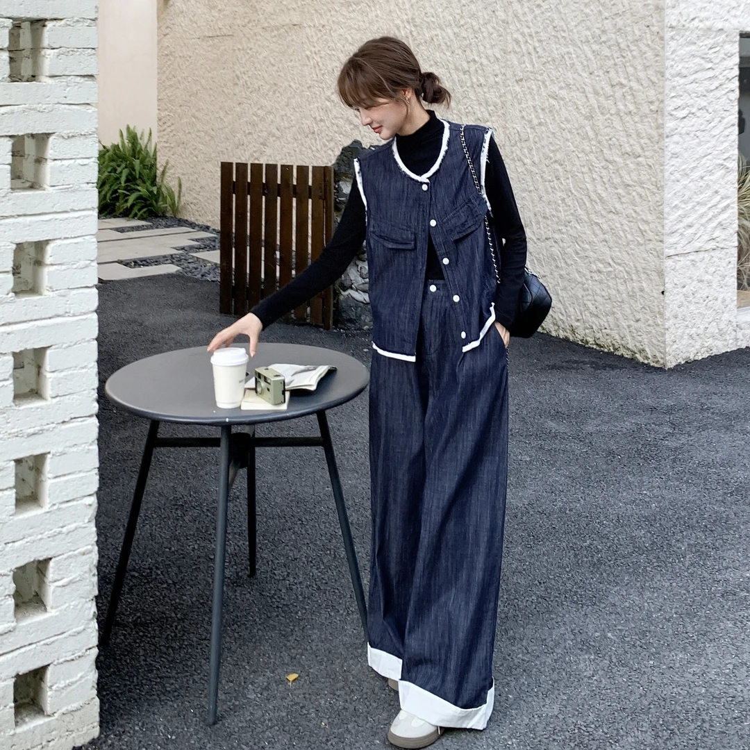 韩系老钱风复古牛仔套装女2025秋季高级感马甲打底衫阔腿裤三件套