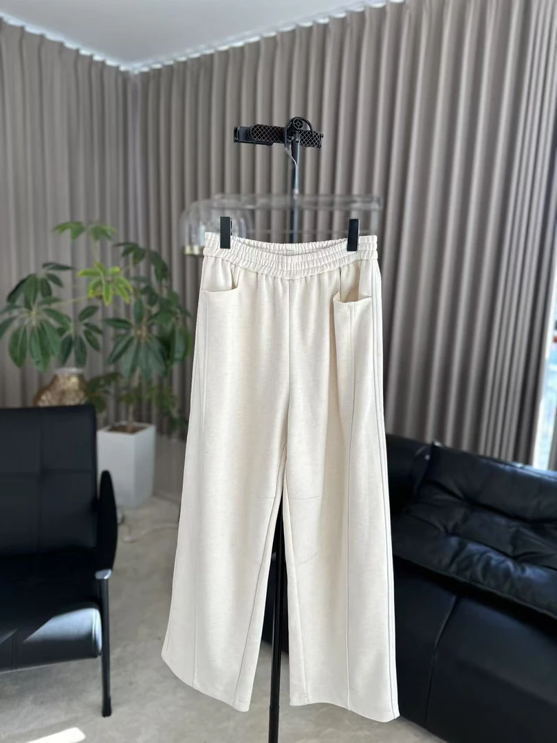 【柳青女装】2025春季新款拼接直筒保暖百搭松紧腰拖地裤