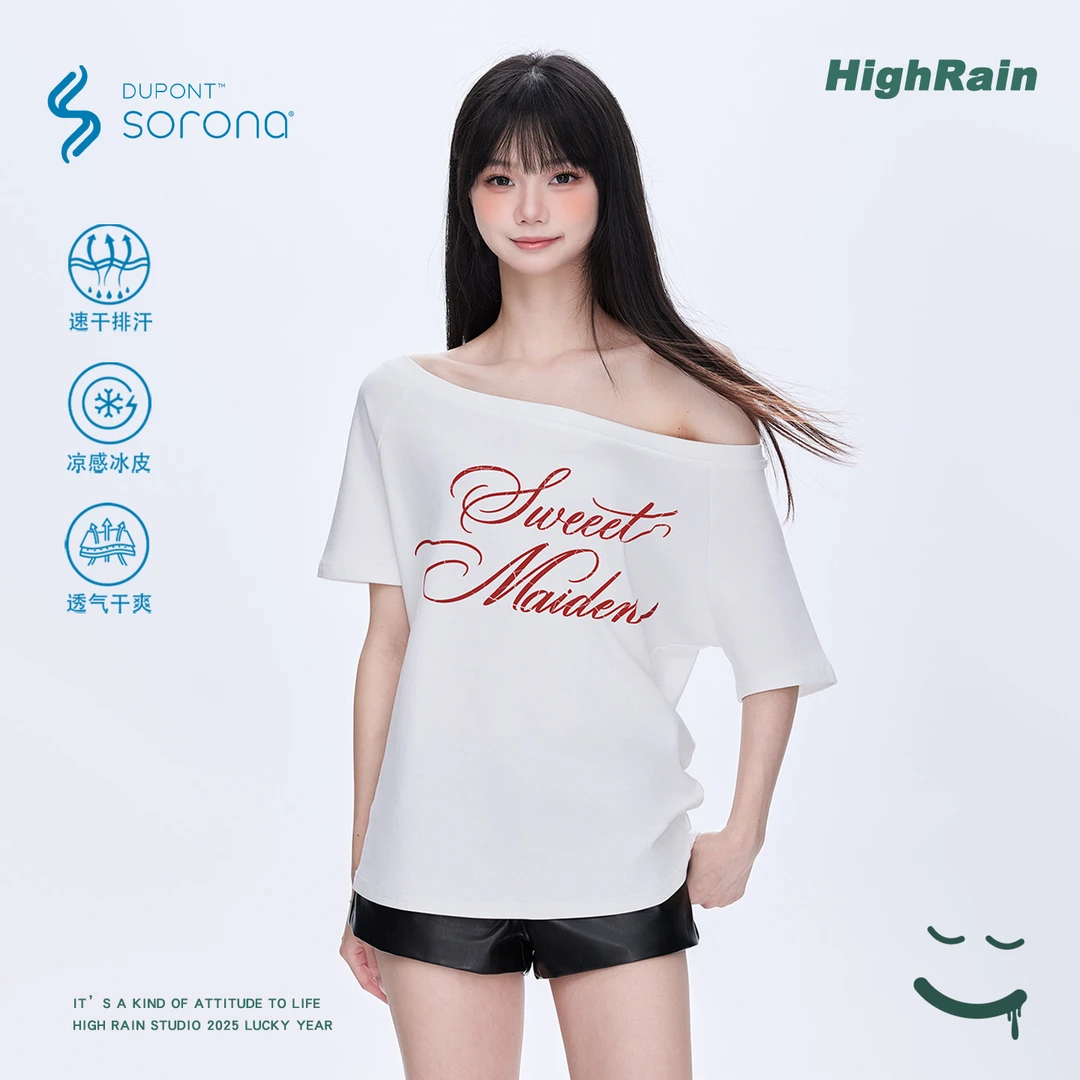 美式辣妹白色斜肩t恤女夏季字母印花露肩慵懒风一字肩短袖上衣潮