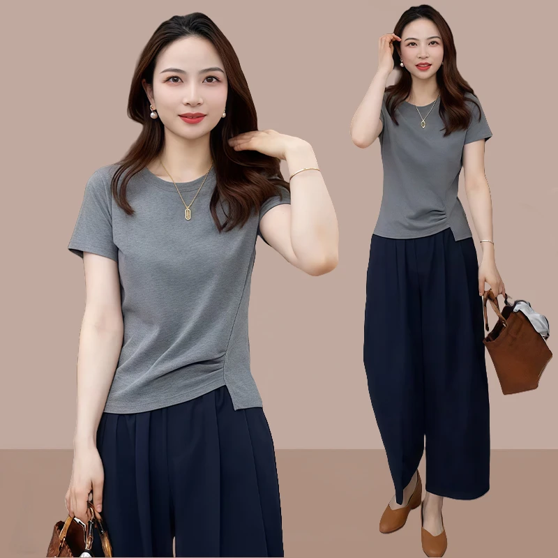 高含棉高级感时髦褶皱拼接短袖t恤女2026年夏季新款简约百搭上衣