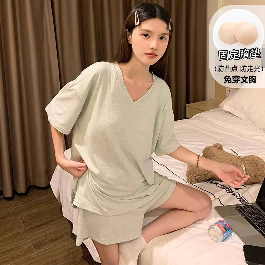 短袖短裤女款家居服套装莫代尔带胸垫夏季睡衣简约时尚休闲网红风