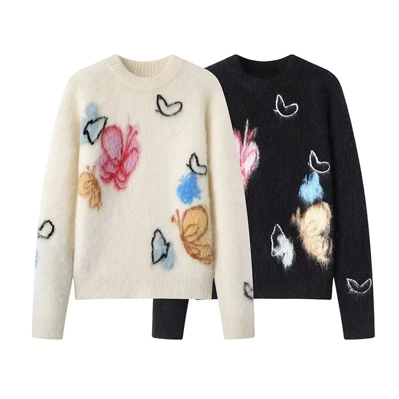 【蝶影纷飞】2024冬季新款蝴蝶提花套头圆领毛衣针织衫女.