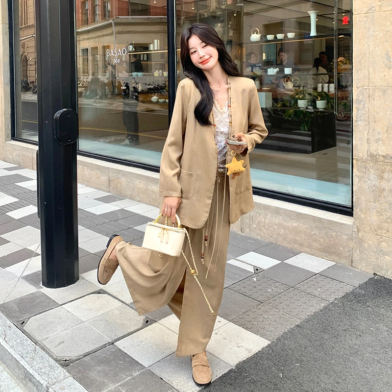 老钱风卡其色v领西装外套半身裙套装两件套女2025早春秋韩里韩气