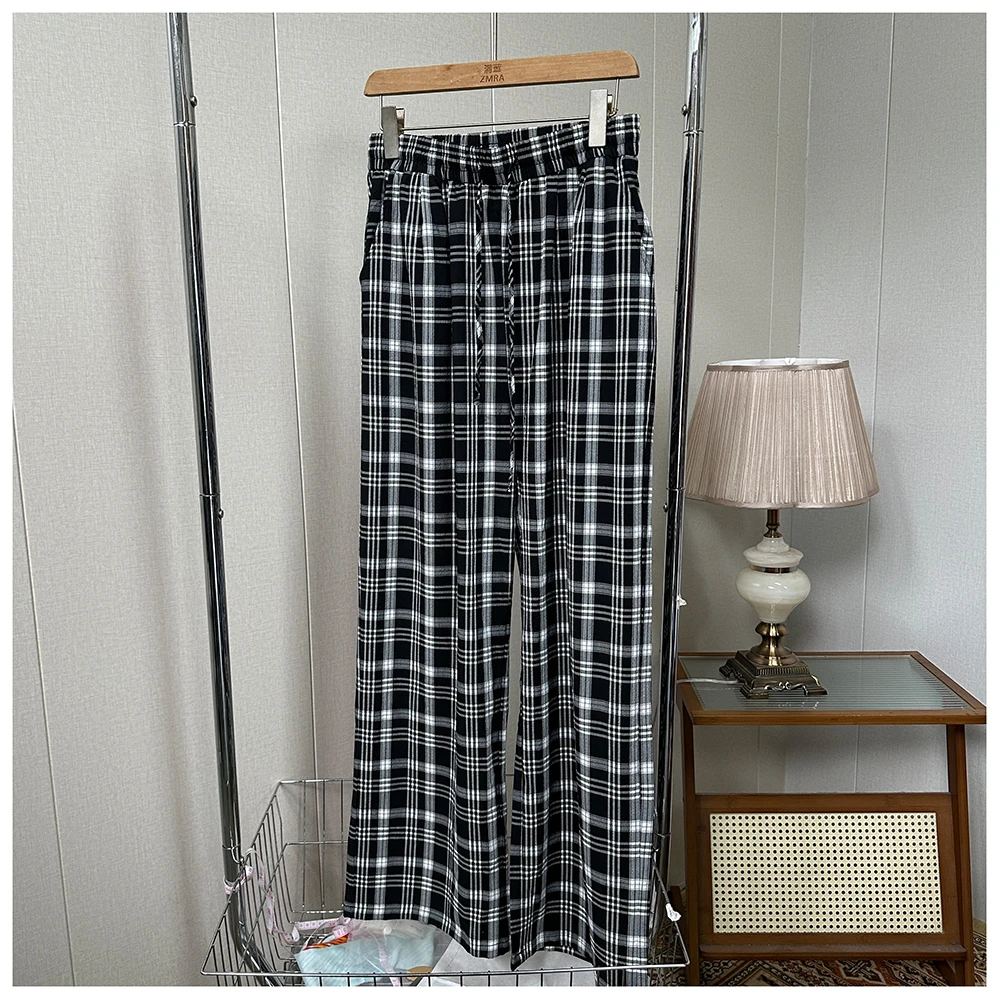 1K015春夏新款女士休闲百搭宽松格纹直筒休闲裤