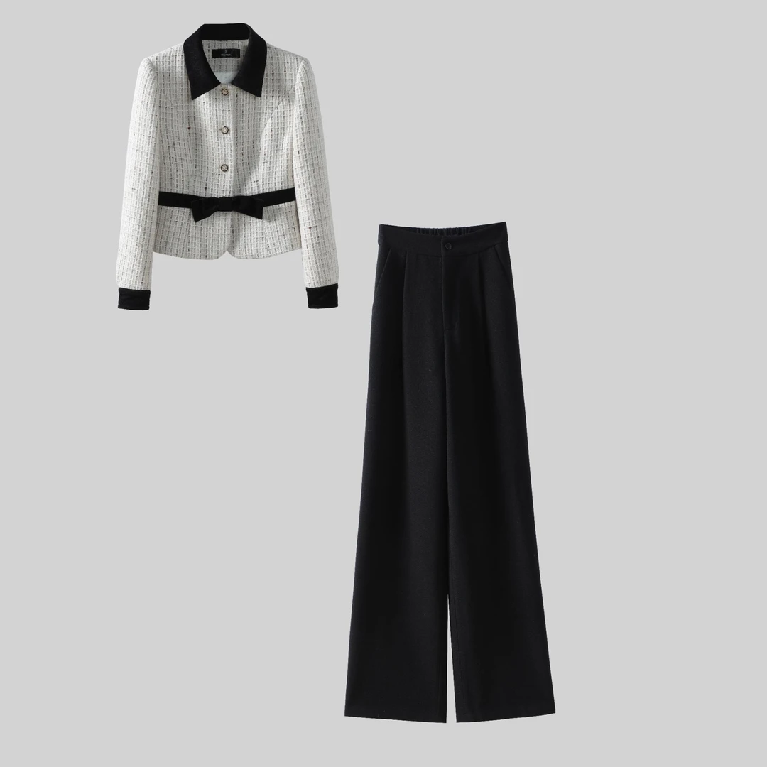 【纪朵研】Y029加厚款小香风时尚套装女装高腰复古套装秋冬阔腿裤女