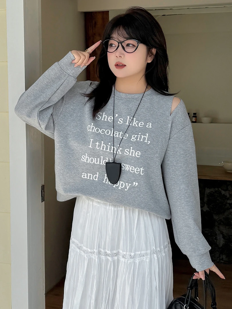 DY大码女装春季新款镂空设计感宽松卫衣时尚印花长袖休闲百搭ins