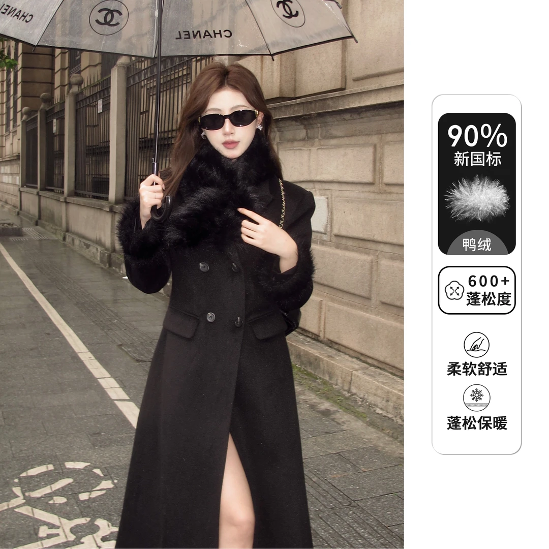 【羽绒款】Liixu秋冬时尚显瘦中长款冬季赫本风毛呢大衣L48YR039