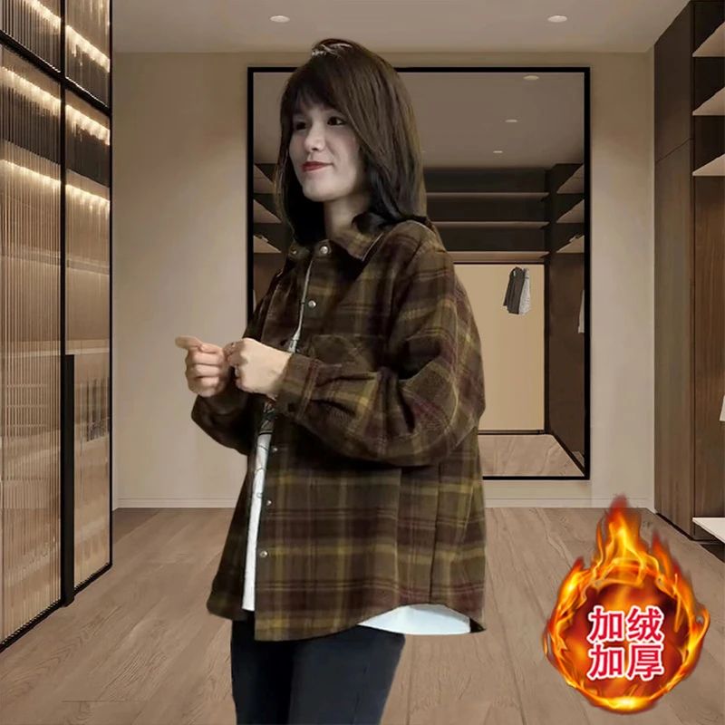 加厚磨毛衬衫女上衣2025新款秋冬季高级感休闲中长款保暖休闲外套