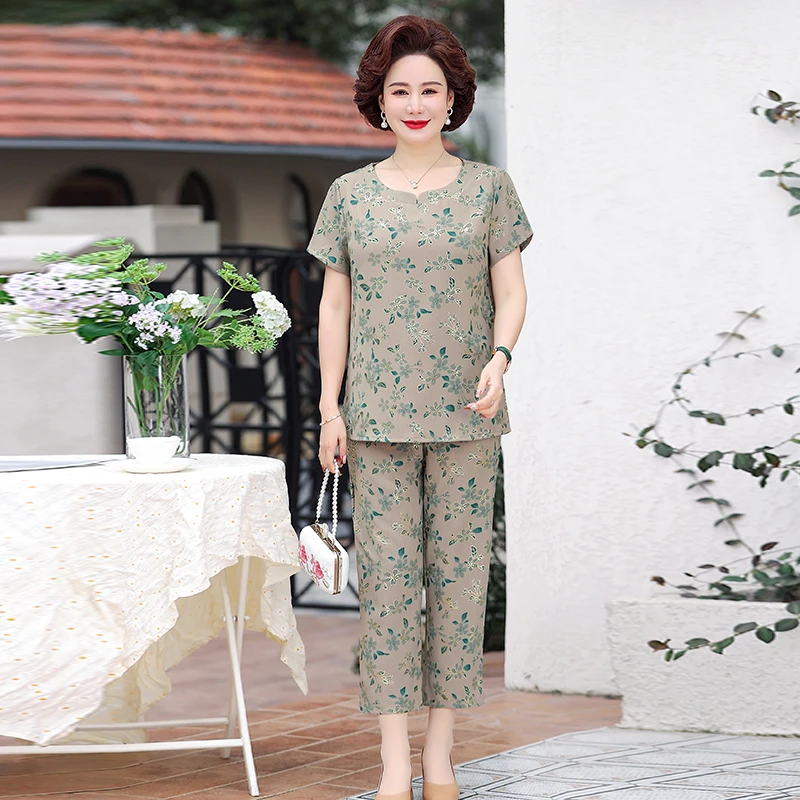 妈妈装夏款短袖烫金花色洋气套装中老年女装奶奶装两件套