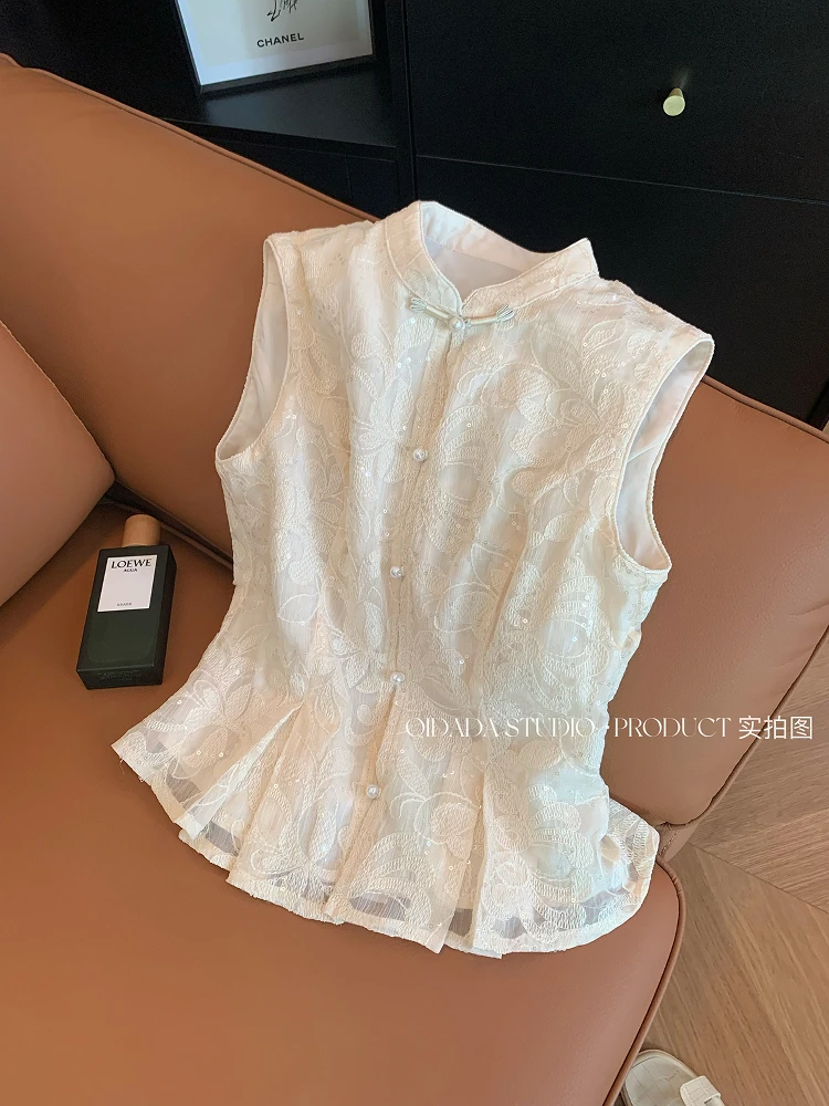 无袖蕾丝新中式盘扣小个子短款衬衫2025新款女洋气设计感显瘦上衣