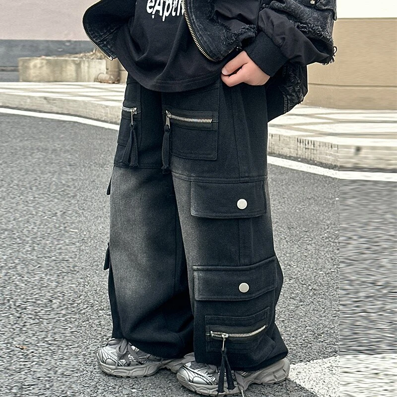 麦哟哟儿童春款休闲工装裤美式复古直筒高街宽松港风日系嘻哈做旧