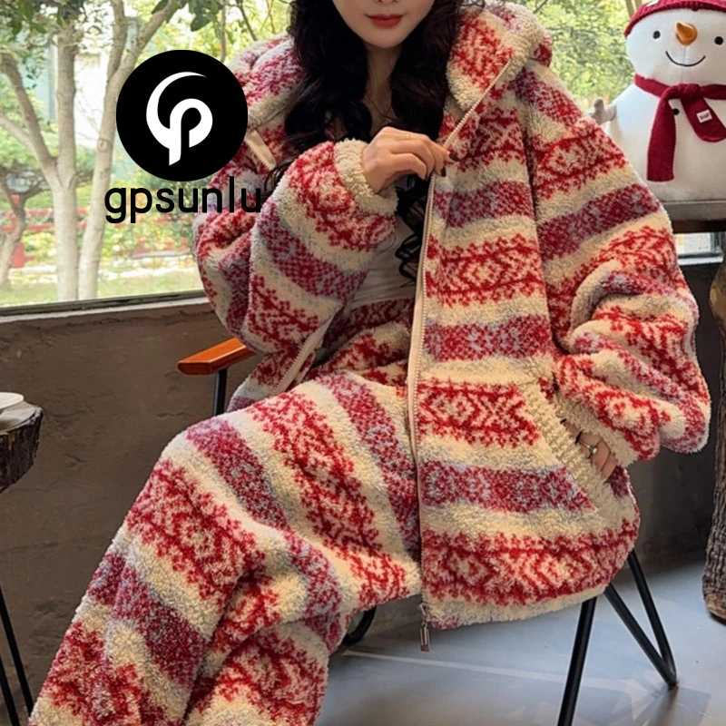 GPsunlu费尔岛高级感珊瑚绒睡衣女2026新款冬季加厚家居服套装