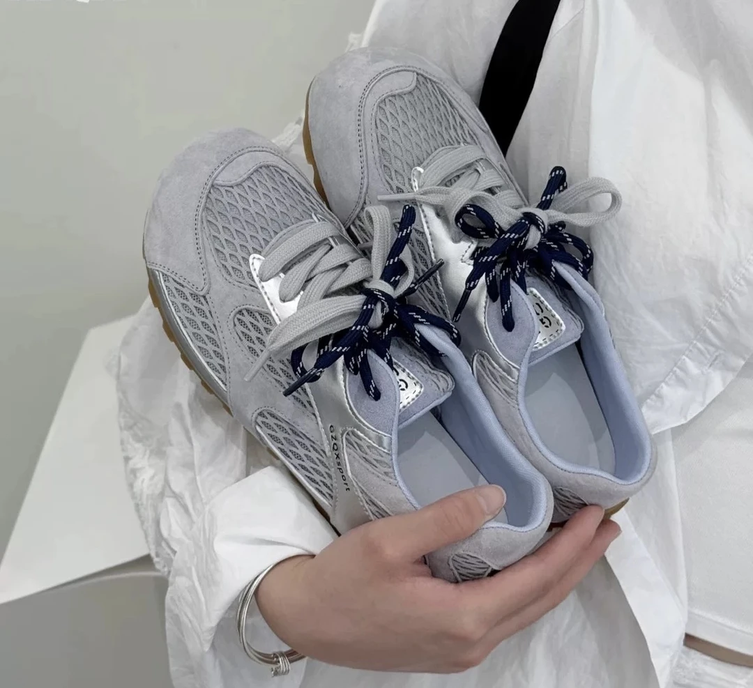 时尚百搭休闲夏季潮流系带拼色鞋新款德训鞋复古低帮鞋子透气网面