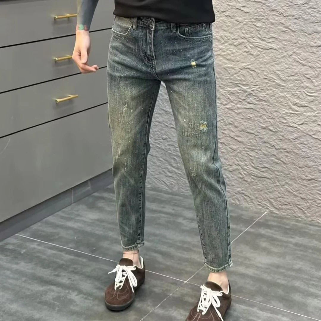 牛仔裤男款爆款小脚裤弹力九分新款百搭复古泼墨长裤潮牌修身休闲