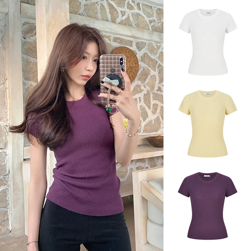 竖坑条针织短袖t恤气质短款修身正肩上衣