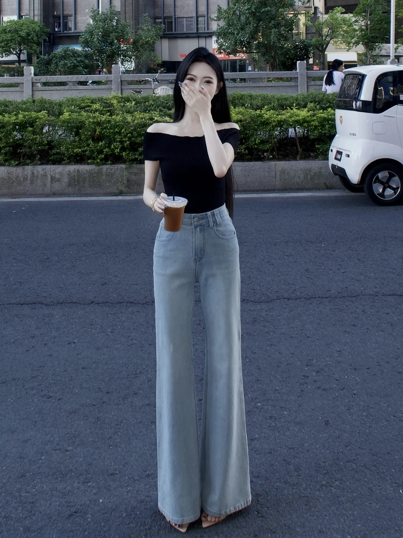 【小晚】夏季薄款浅蓝高腰微喇不贴腿牛仔裤婆婆