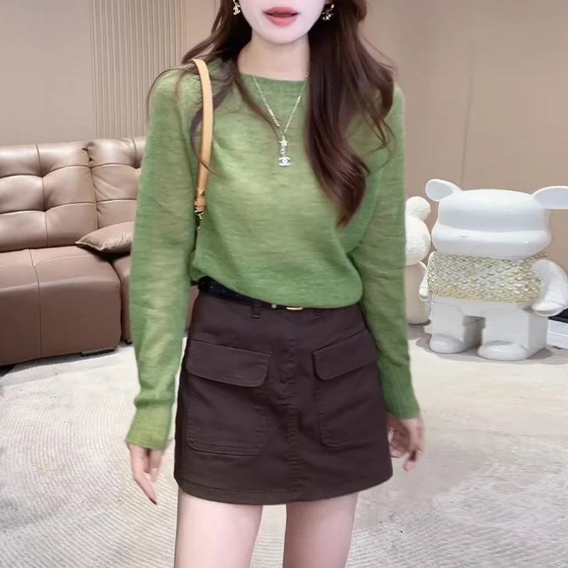 时尚设计感纯色圆领长袖针织衫女2025秋季新款百搭休闲上衣女生