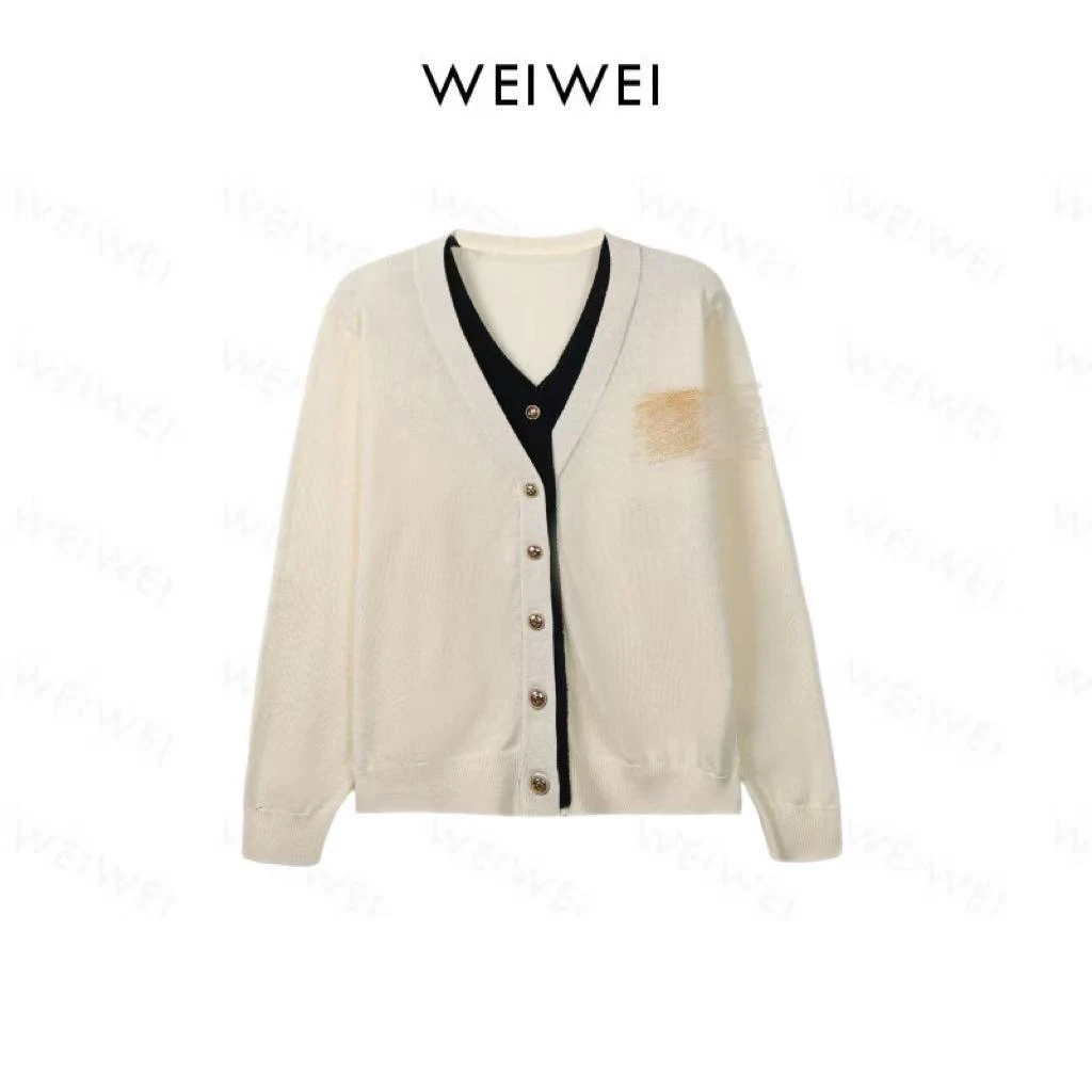 V领假两件拼色针织开衫