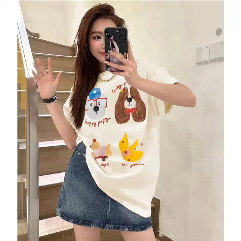 100%纯棉印花短袖t恤女2025夏季新款宽松减龄百搭休闲上衣潮ins