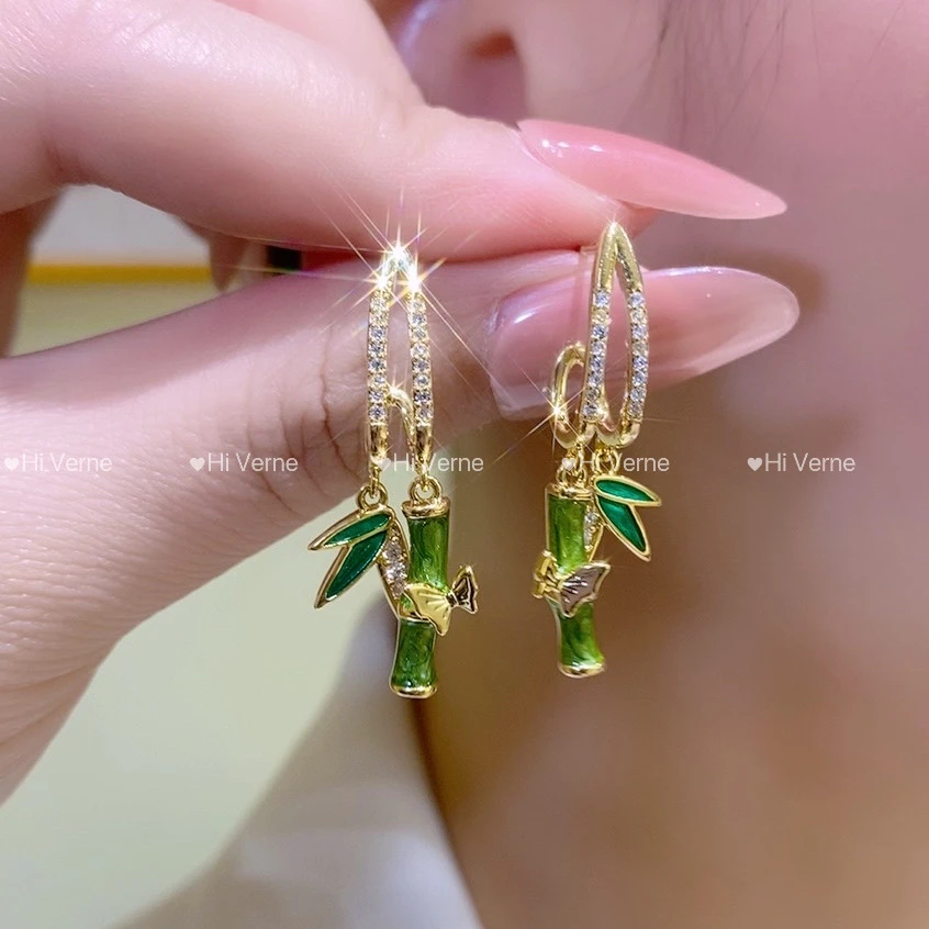 铜合金合成锆石耳饰 【竹报平安】法式百搭绿色时尚轻奢设计感耳环