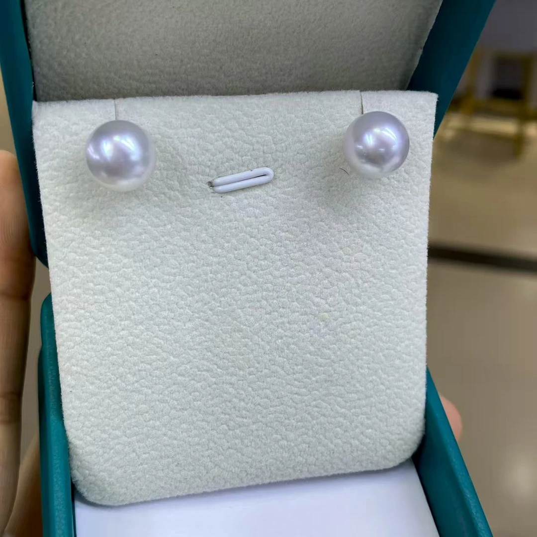 天然海水珍珠10-11正圆18k银蓝强炫光耳钉