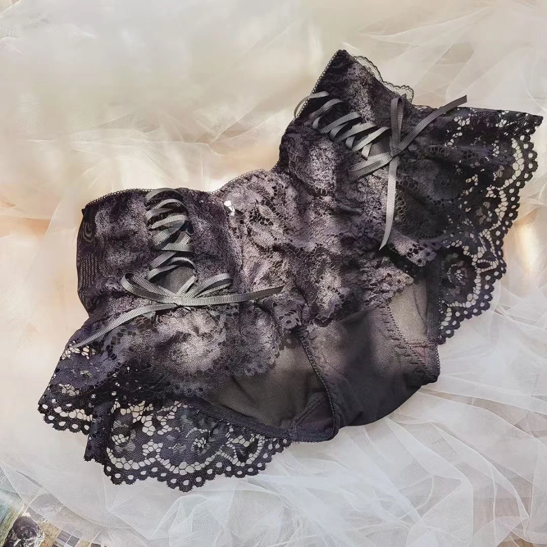 新款洛丽塔甜美少女蕾丝边女士大码系带大飞边中高腰三角内裤