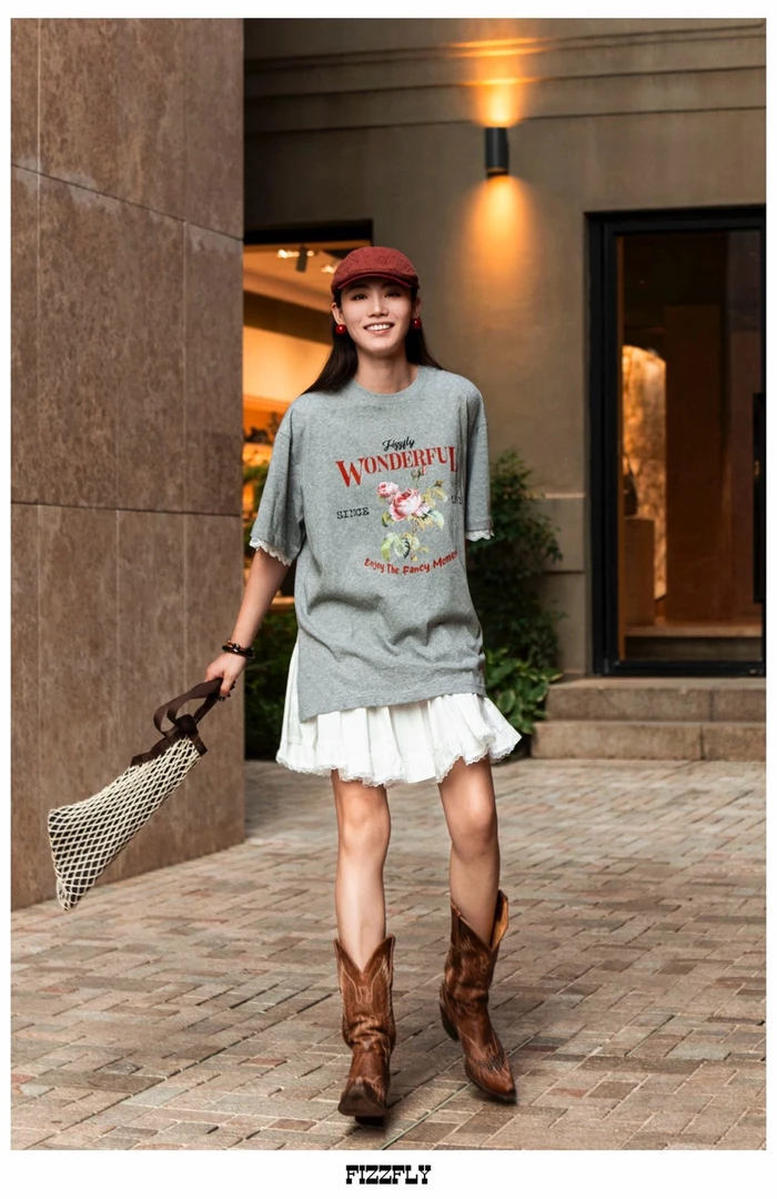 【SRT2】Fizzfly设计师品牌复古玫瑰花蕾丝拼接阔版T恤休闲时尚宽松