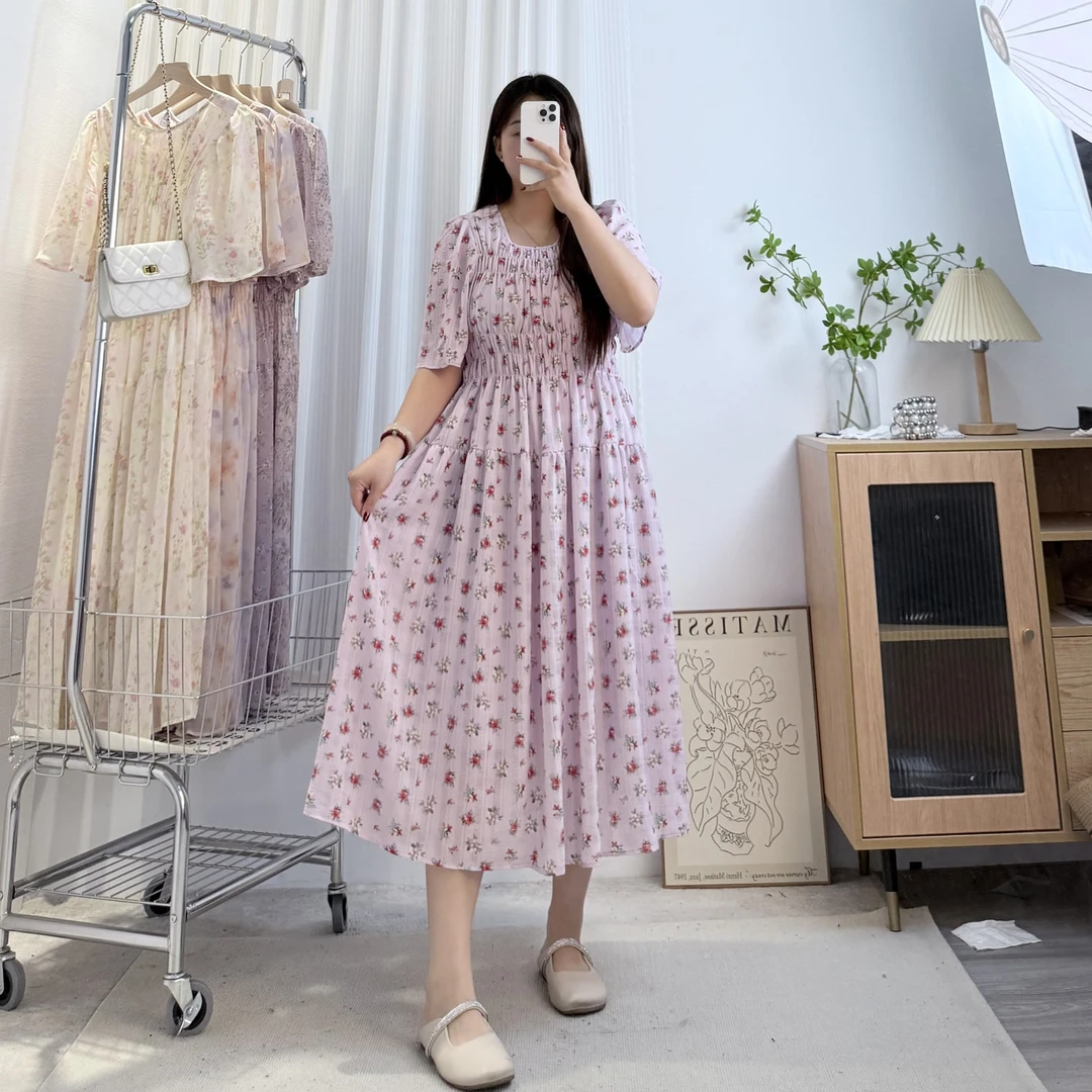 韩系气质【浅紫蔷薇】显白减龄大码胖mm高腰显瘦皱皱格柔软碎花裙