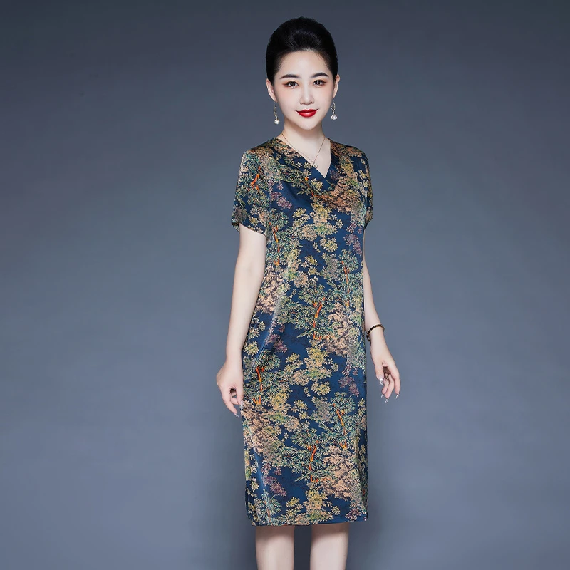 贵夫人气质夏装女装中国风复古修身连衣裙裙子夏季碎花印花显瘦