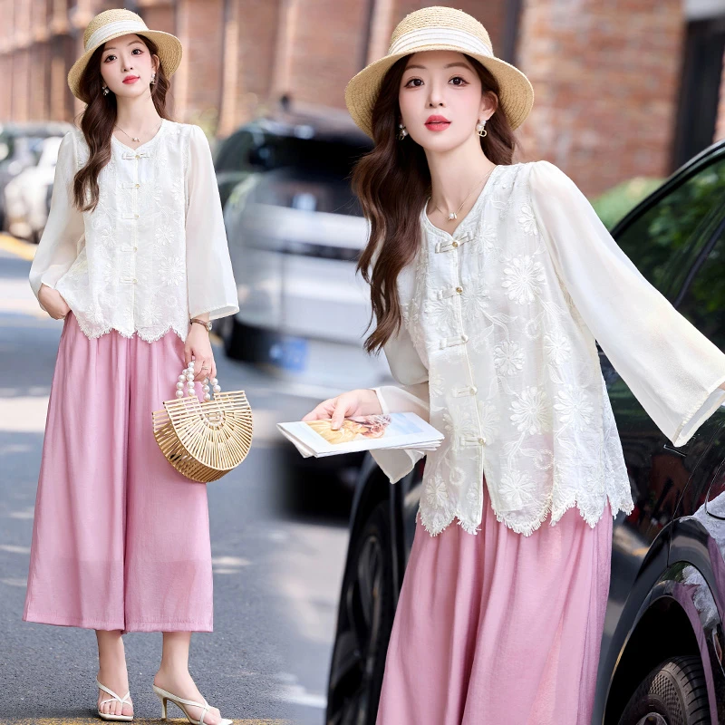 新中式国风刺绣提花套装女2025夏季新款复古盘扣宽松阔腿裤两件套