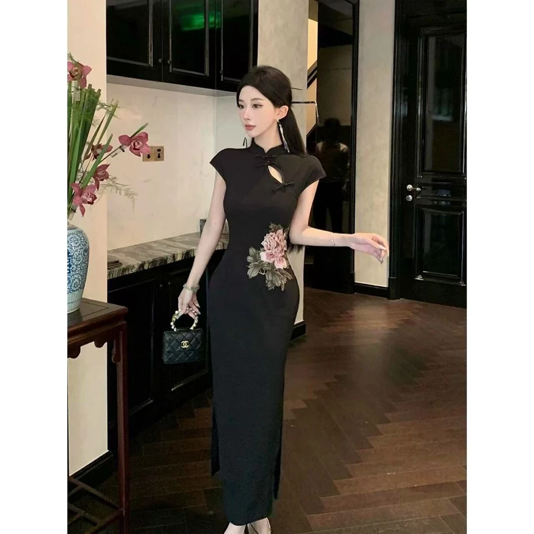 【C46经典】复古新中式改良刺绣旗袍镂空改良少女修身显瘦连衣裙