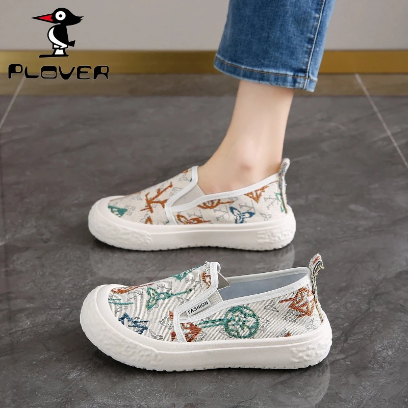 PLOVER渔夫鞋2025新款夏秋透气一脚蹬妈妈帆布鞋轻便休闲运动鞋