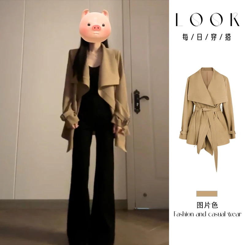 韩版英伦风卡其色翻领短款风衣外套女秋季2025新款慵懒高级感上衣